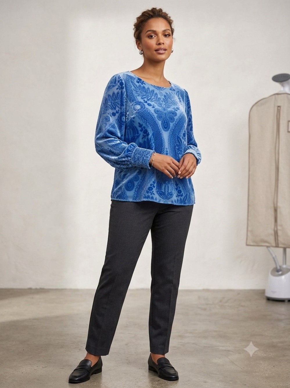 Soft Surroundings Royal Blue Burnout Velvet Paisley Blouse